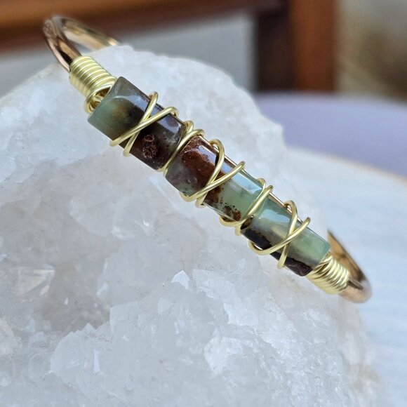Australian Jade Wire Wrap Bracelet In 14Kt Gold Over Copper – Handmade & NWT - Picture 3 of 9